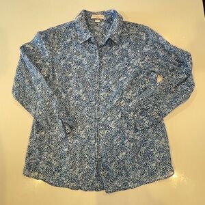 100% Cotton Blue/White Dot Pebble Lightweight Button Down Collar Coldwater Creek